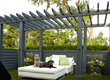 Two dogs lounge under a blue pergola,